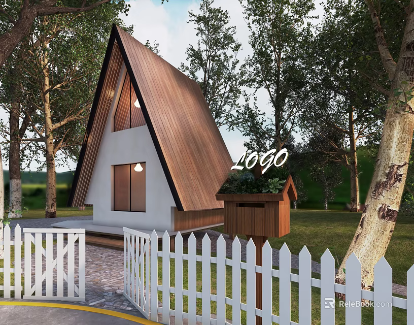 Wooden A Frame Cabin With White Exterior Surrounded by Trees and White Picket Fence 3d model 