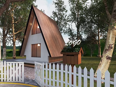 Wooden A Frame Cabin With White Exterior Surrounded by Trees and White Picket Fence 3d model