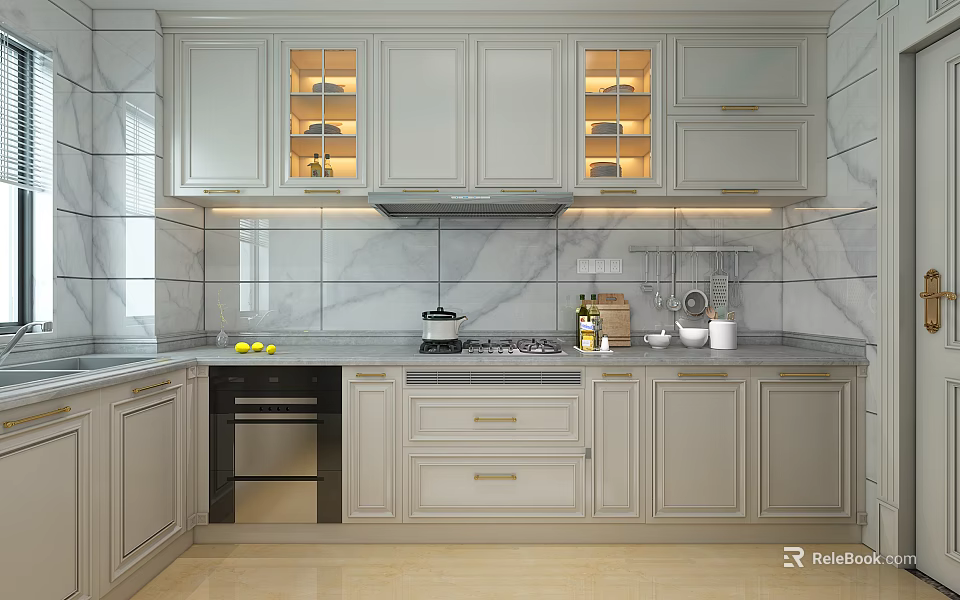Modern Kitchen Featuring Light Gray Cabinets Glass Door Upper Units And Marble Backsplash 3d model