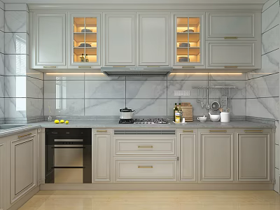 Modern Kitchen Featuring Light Gray Cabinets Glass Door Upper Units And Marble Backsplash 3d model