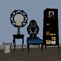 Elegant Black Carved Accent Chair With Blue Cushion Side Table Floor Lamp And Mirror