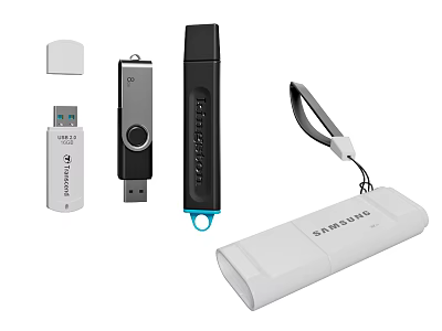 Various Portable Digital Storage Devices Including USB Flash Drives And Samsung External Hard Drive 3d model