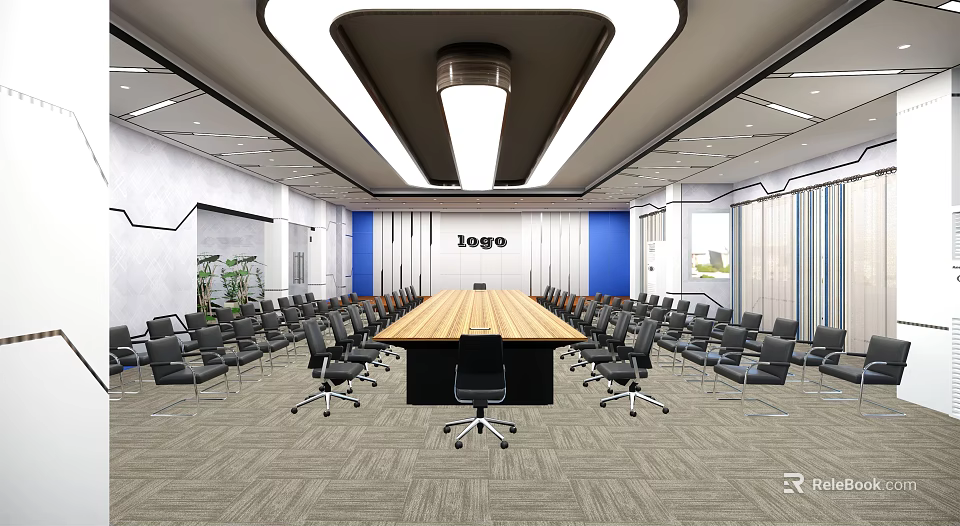 Modern Conference Room Interior With Long Wooden Table And Black Office Chairs 3d model 