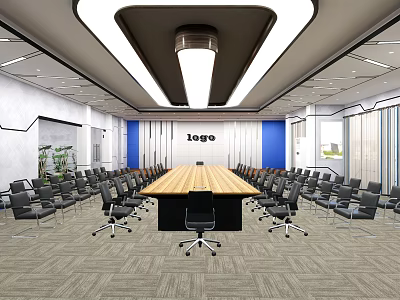 Modern Conference Room Interior With Long Wooden Table And Black Office Chairs 3d model