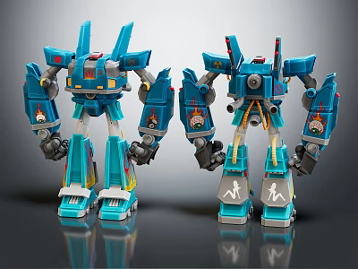Two Blue Mechanical Robot Characters Standing With Detailed Armor And Weapon Parts 3d model