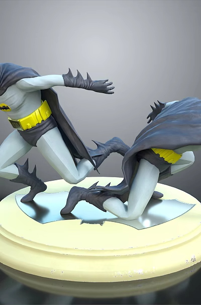 Two Dynamic Posed Batman Action Figurines On Light Colored Display Base 3d model