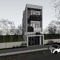Modern Detached Villa White Exterior Black Louvers Second Floor Balcony With Plants Glass Railings Trees