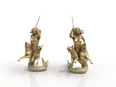 Woman Statues In Golden Finish Riding Mythical Creatures With Fish Tails And Spears 3d model