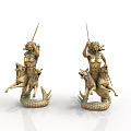 Woman Statues In Golden Finish Riding Mythical Creatures With Fish Tails And Spears