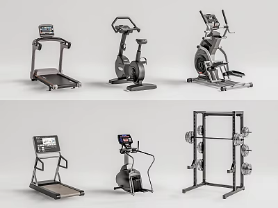Various Sports Equipment Including Treadmill Exercise Bike Elliptical And Dumbbell Rack For Home Gym 3d model