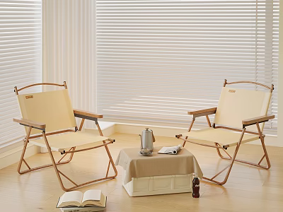 Beige Folding Leisure Chairs In Indoor Area With Window Blinds Small Table Kettle And Book 3d model