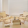 Beige Folding Leisure Chairs In Indoor Area With Window Blinds Small Table Kettle And Book