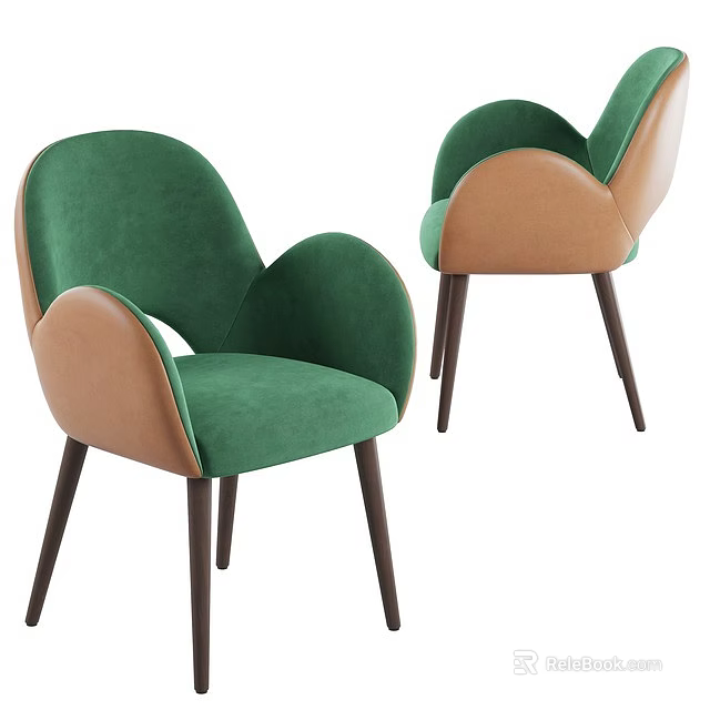 Modern Accent Chair With Green Velvet Upholstery Brown Armrest And Wooden Legs 3d model 