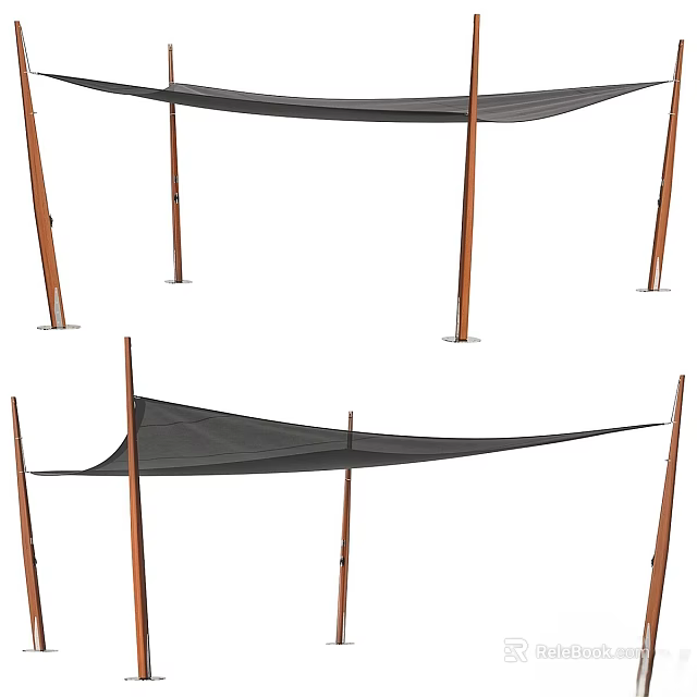 Outdoor Sunshade Sail Set With Black Canopy Cloth And Wooden Support Poles For Patio Use 3d model 