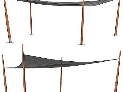 Outdoor Sunshade Sail Set With Black Canopy Cloth And Wooden Support Poles For Patio Use 3d model