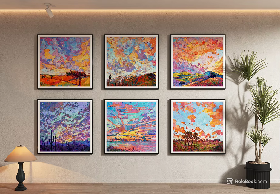 Colorful Landscape Paintings with Vibrant Scenic Views Hanging on Wall and Table Lamp Potted Plant 3d model 