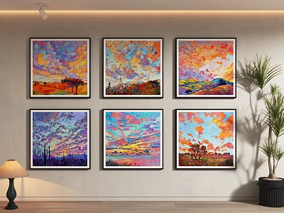 Colorful Landscape Paintings with Vibrant Scenic Views Hanging on Wall and Table Lamp Potted Plant 3d model
