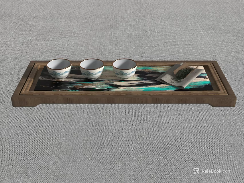 Three White Patterned Teacups On Natural Wooden Tray With Open Book 3d model 