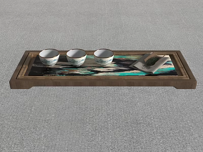 Three White Patterned Teacups On Natural Wooden Tray With Open Book 3d model
