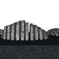 Art Installation Made Of Stone Wood With Curved Structure Vertical Pieces And Water Reflection