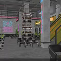 Modern Chinese Restaurant Interior With Neon Lights Wine Bottle Tower Tables Chairs And Green Plants