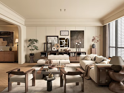 Stylish Living Room Interior with Comfortable Sofa Wooden Coffee Table Armchairs Decorative Paintings and Potted Plants 3d model