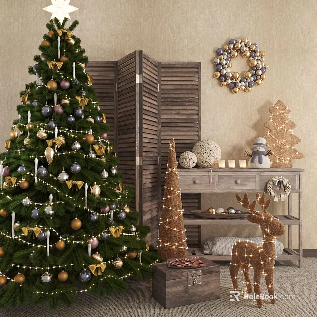 Decorated Christmas Tree With Gold Silver Purple Baubles Stars And Wooden Screen Reindeer Decorations 3d model 