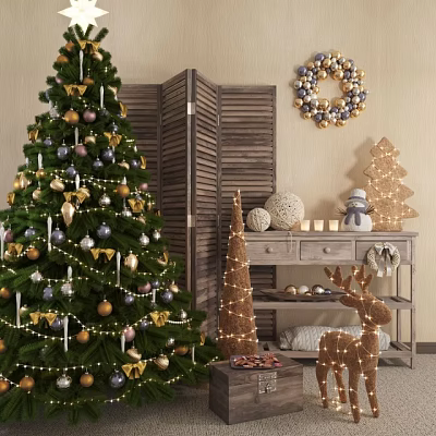 Decorated Christmas Tree With Gold Silver Purple Baubles Stars And Wooden Screen Reindeer Decorations 3d model