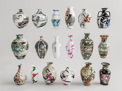 Artistic Ceramic Vases with Various Hand Painted Patterns and Different Shapes 3d model