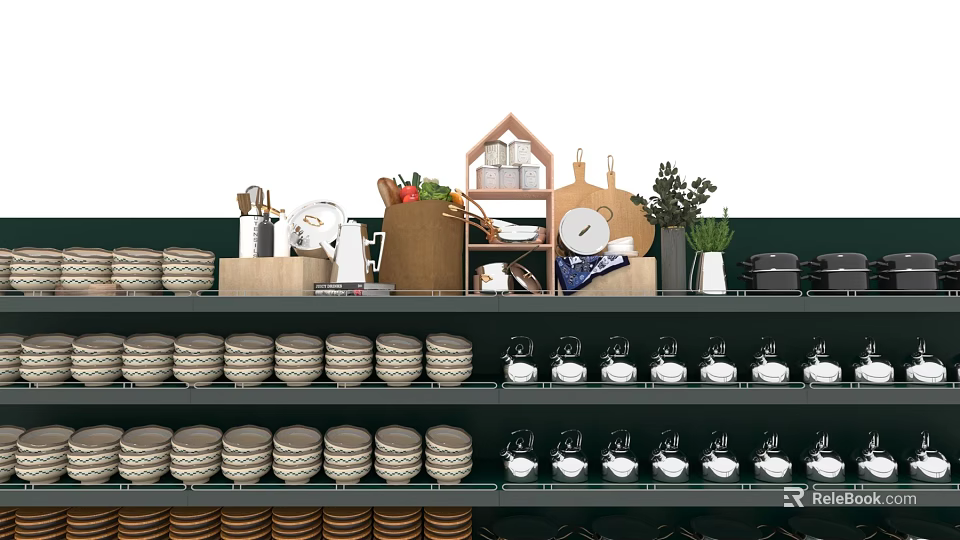 Supermarket Department Store Kitchen Supplies Display with Bowls Plates Small Appliances and Decorative Plants 3d model 