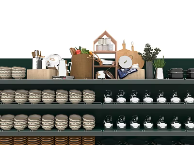 Supermarket Department Store Kitchen Supplies Display with Bowls Plates Small Appliances and Decorative Plants 3d model