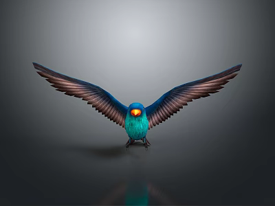 Colorful Bird Painting With Spread Brown Blue Wings Turquoise Body Yellow Head Grey Background And Reflection 3d model