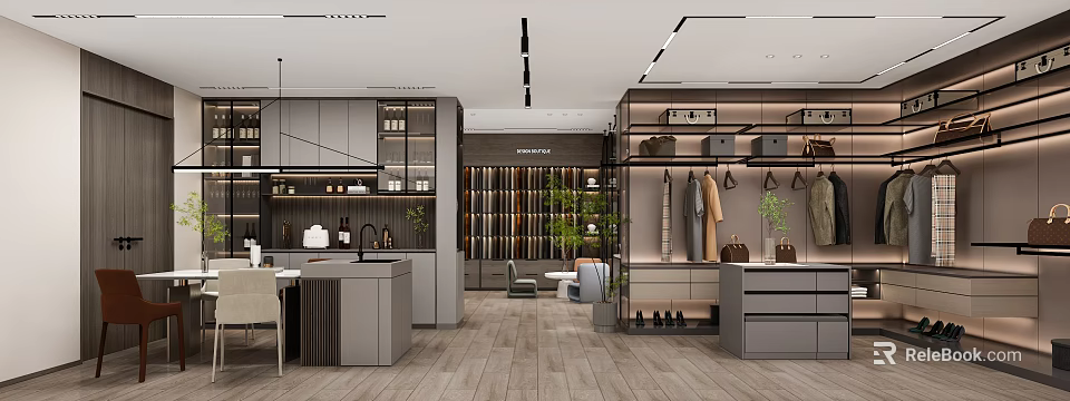 Modern Interior Space With Gray Cabinets Shelves Hanging Clothes And Bags Wooden Flooring Display Area 3d model 