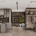 Modern Interior Space With Gray Cabinets Shelves Hanging Clothes And Bags Wooden Flooring Display Area