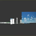 Cartoon Scene With Curved Bridge Tall Buildings Bus Boat Green Trees And Sky Reflections