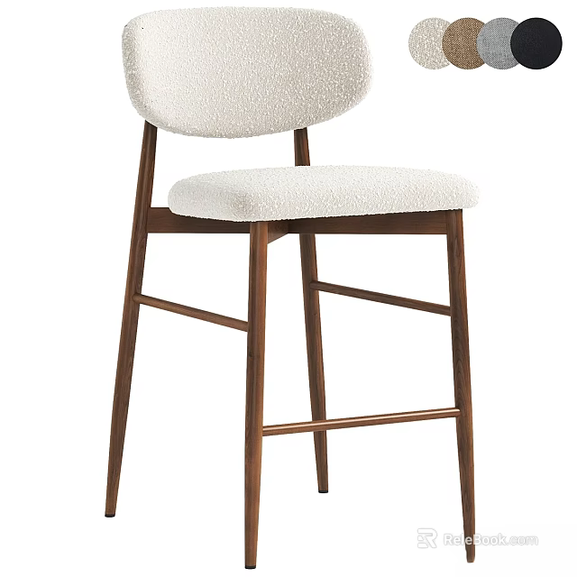 Modern Bar Stool With Walnut Wooden Frame White Upholstered Seat And Backrest 3d model 