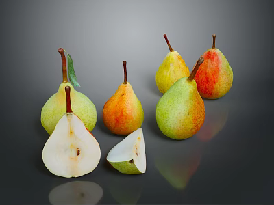 Fresh Colorful Pears Whole And Sliced On Dark Background With Green Yellow Red Hues 3d model