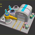 White Industrial Building With Blue Stripes Cylindrical Tanks Yellow Mechanical Arm And Colorful Barrels