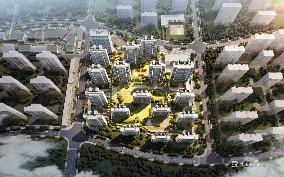 Aerial Planning View Of Modern Residential Area With High Rise Buildings Green Spaces And Roads 3d model 