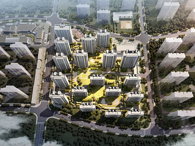 Aerial Planning View Of Modern Residential Area With High Rise Buildings Green Spaces And Roads 3d model