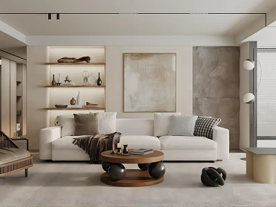 Modern Minimalist Living Room Interior With White Sofa Decorative Painting Wooden Shelves And Round Coffee Table 3d model