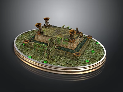 Ancient Altar Platform On Circular Base With Candelabra Green Plants And Glowing Gems 3d model
