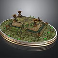 Ancient Altar Platform On Circular Base With Candelabra Green Plants And Glowing Gems