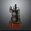 Vintage Mechanical Device Model With Two Circular Components Large Wheel Metal Structure And Red Base