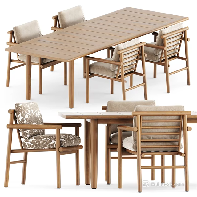 Wooden Dining Table With Comfortable Chairs And Modern Backrest Design For Home Interior 3d model 