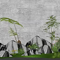 Rustic Stones And Wood Landscape With Gray Wall Green Ferns Small Trees And Grass