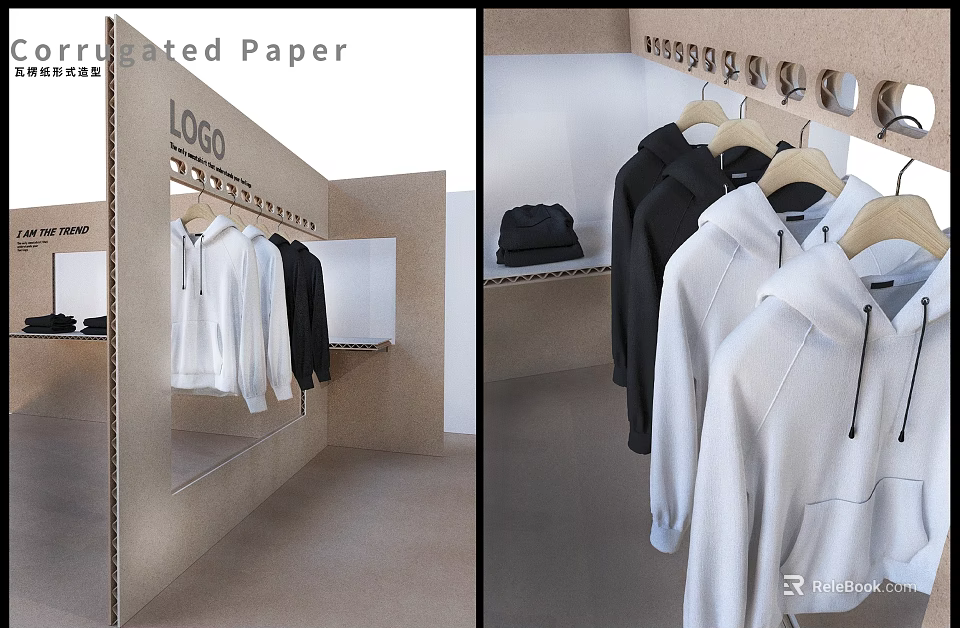 Corrugated Paper Clothing Display With White Black Hoodies And Bag 3d model 