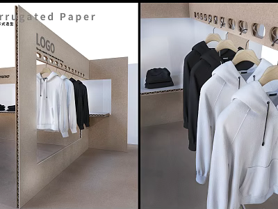 Corrugated Paper Clothing Display With White Black Hoodies And Bag 3d model