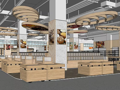Spacious Supermarket Department Store Interior With Wooden Shelves Hanging Decorative Lights And Product Posters 3d model
