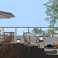 Terrace Garden With Wooden Deck Umbrella Wicker Chair Outdoor Furniture And Green Plants